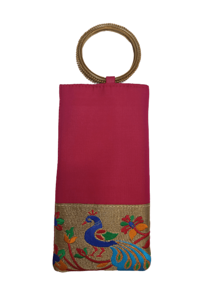 Mobile Purse with sling chain, checkered rich design, 1 side work, hook for  saris - Traditionally Yours